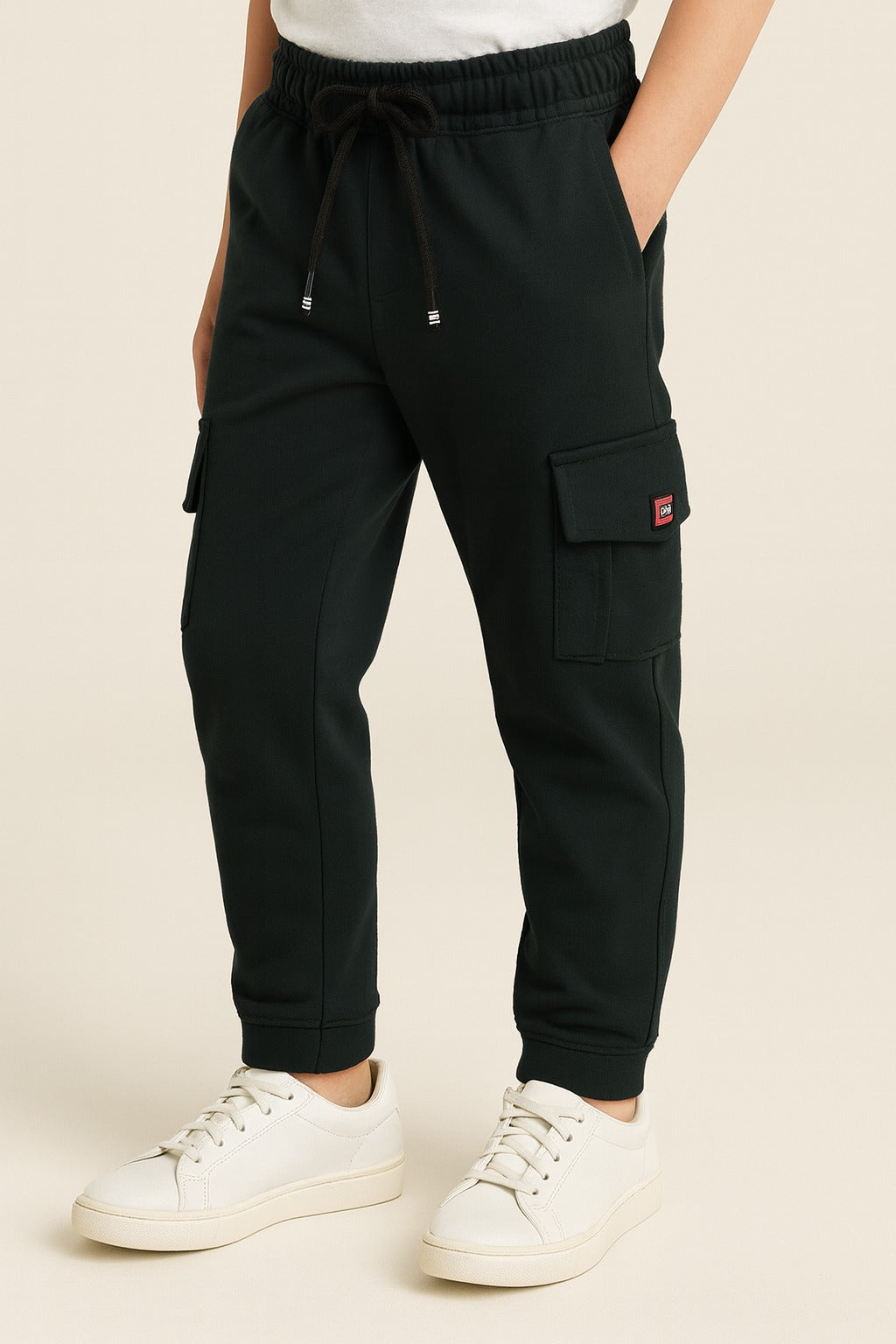 Boys Solid Cotton Cargo Trousers With Drawstrings