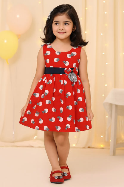 Girls Cotton Printed Bow Flared Dress