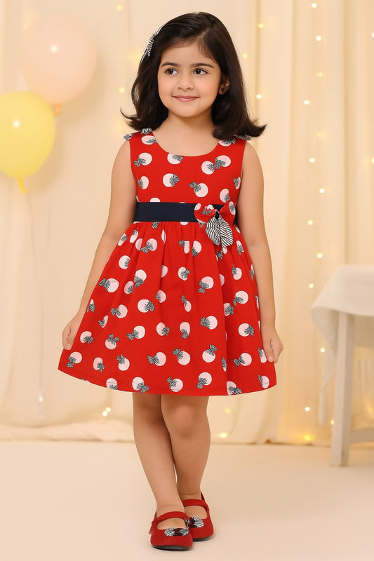 Girls Cotton Printed Bow Flared Dress