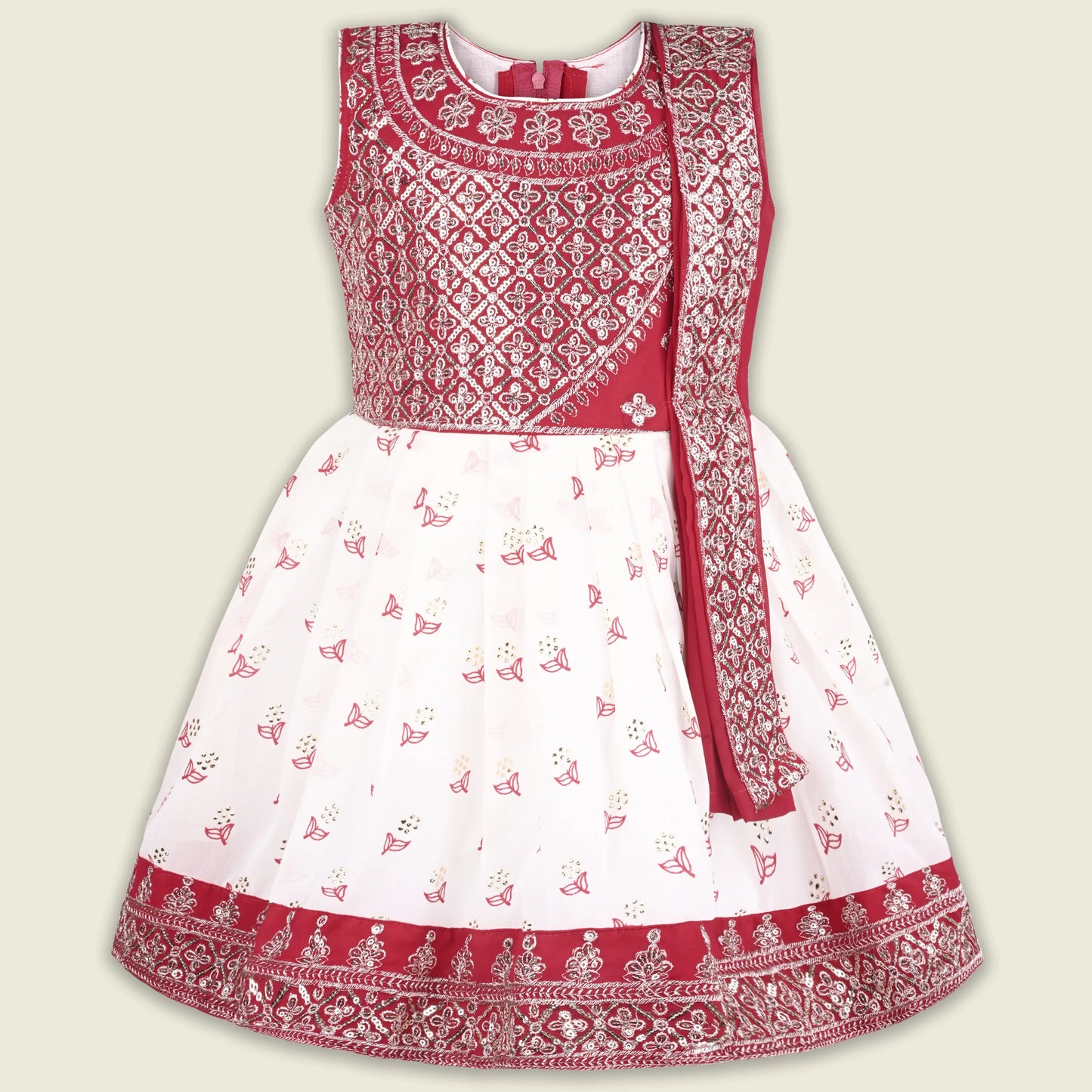 Girls Maroon & White Georgette Ethnic Party Wear Dress