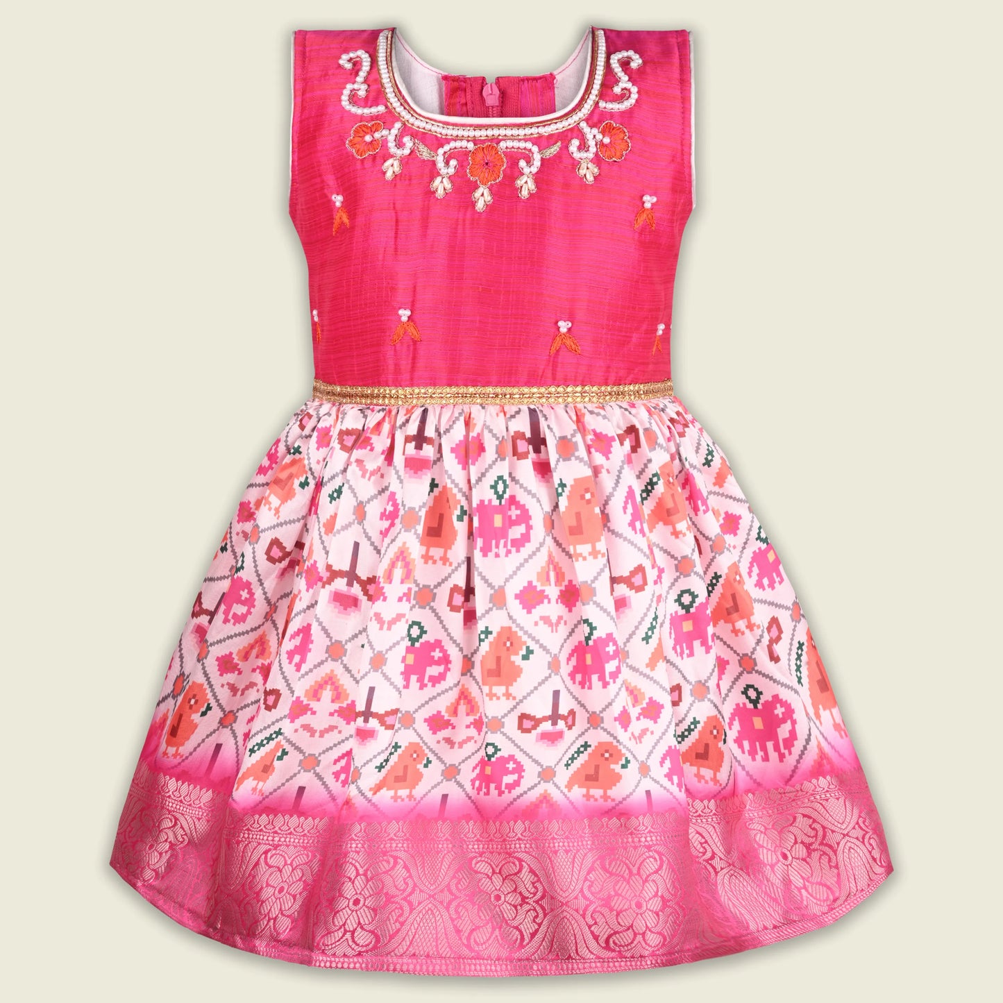 Girls Satin Party Dress with Embroidered Yoke & Printed Flare Skirt