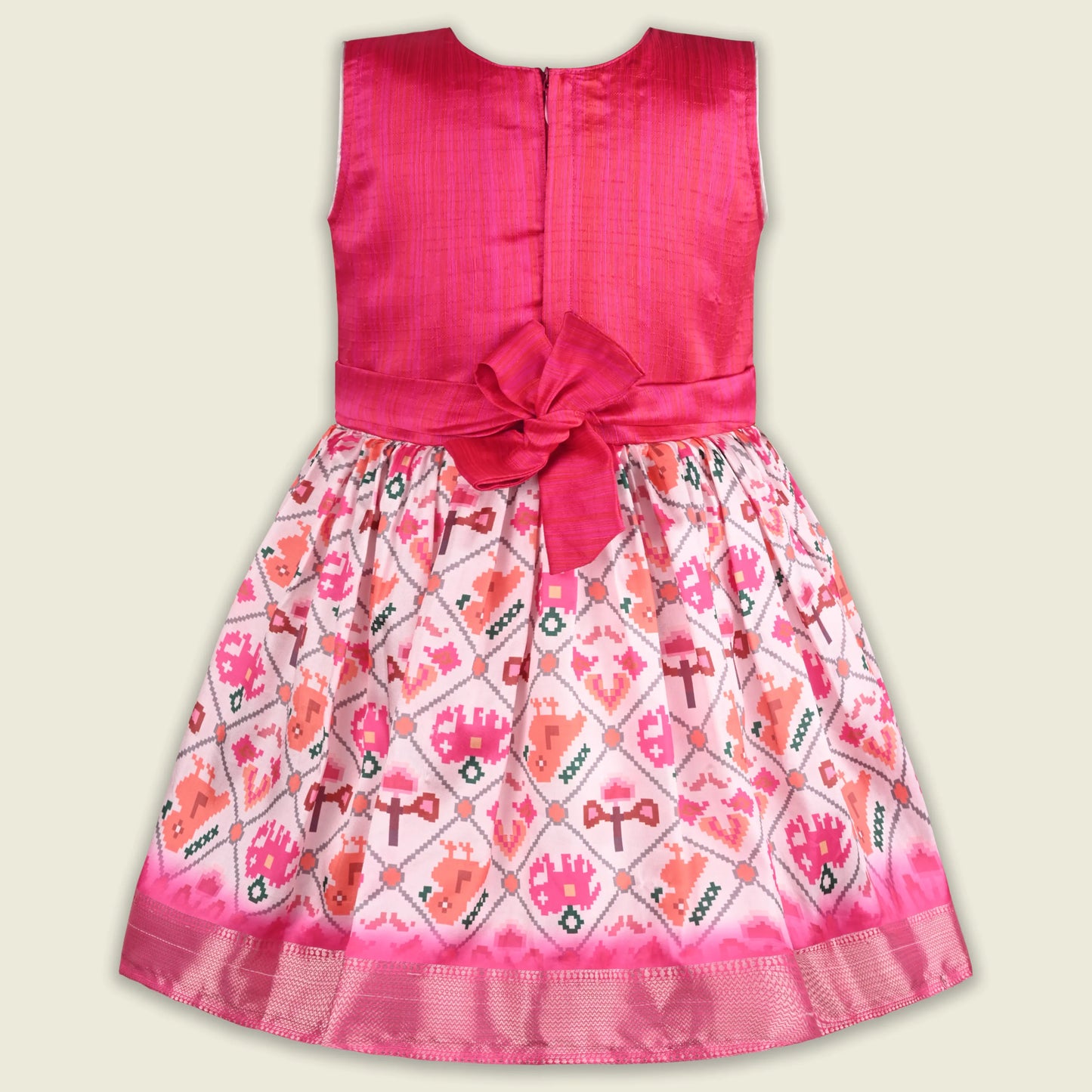 Girls Satin Party Dress with Embroidered Yoke & Printed Flare Skirt