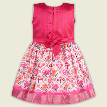 Girls Satin Party Dress with Embroidered Yoke & Printed Flare Skirt