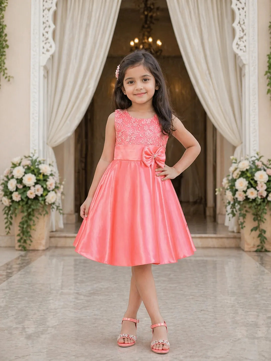 Girls Bow Embroidered Party Wear Dress