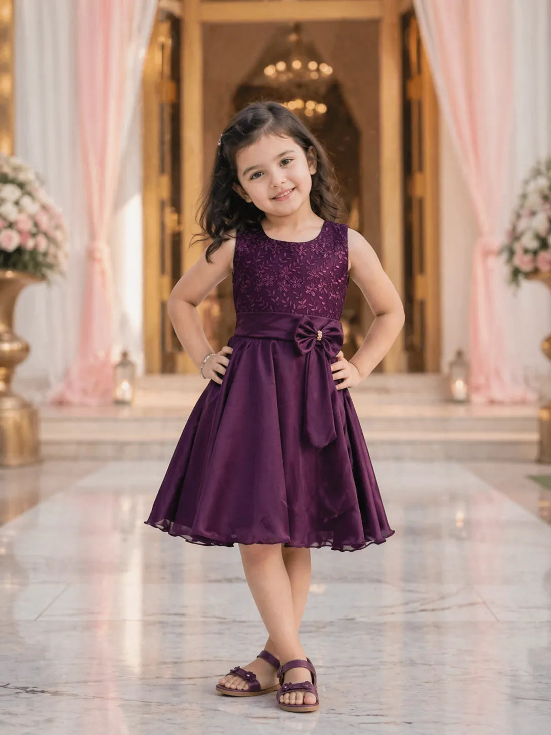 Girls Bow Embroidered Party Wear Dress