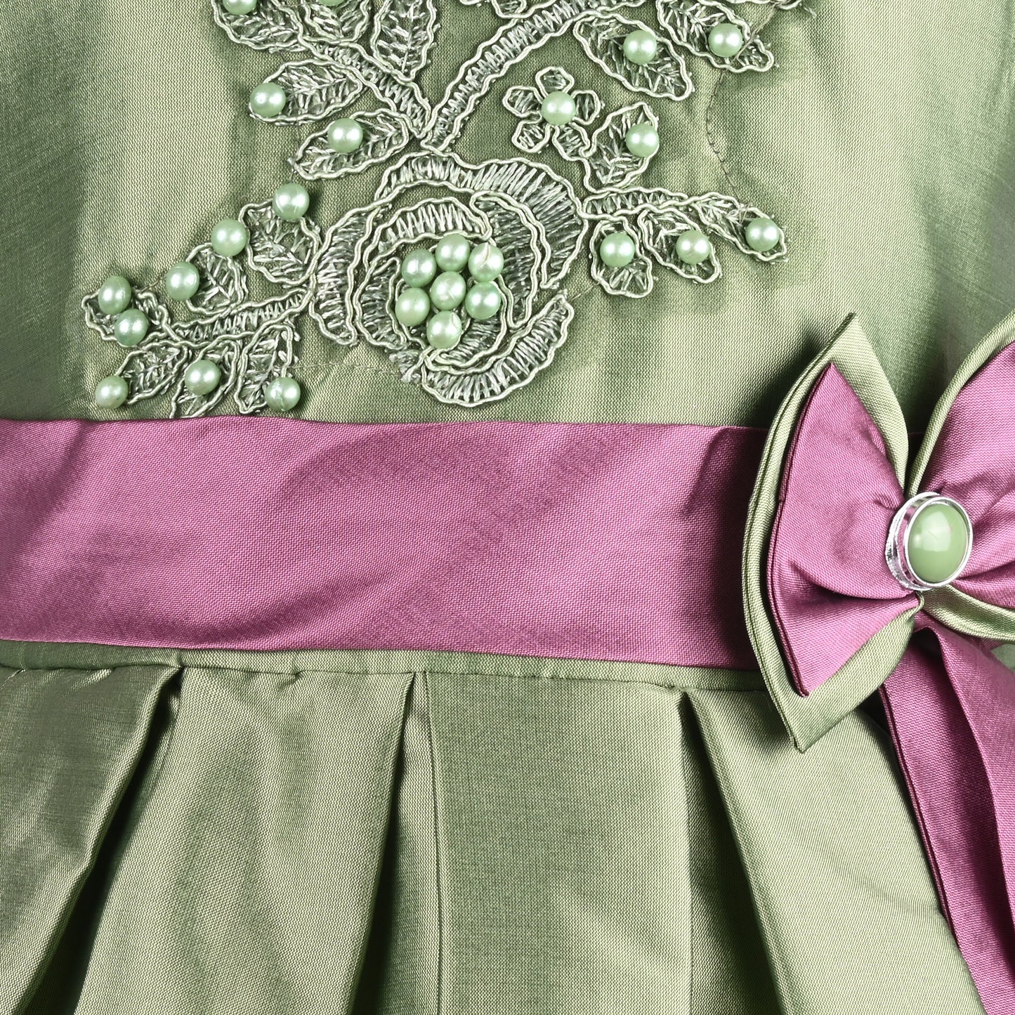 Girls Pleated Bow Pearl Embellished Party Dress
