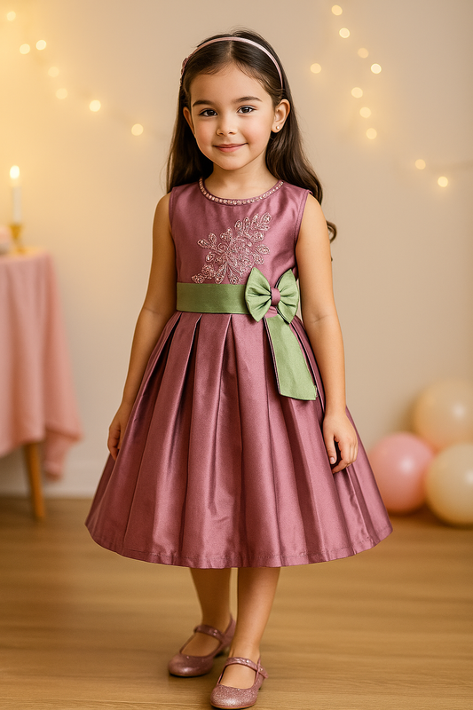 Girls Pleated Bow Pearl Embellished Party Dress