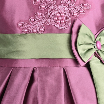 Girls Pleated Bow Pearl Embellished Party Dress