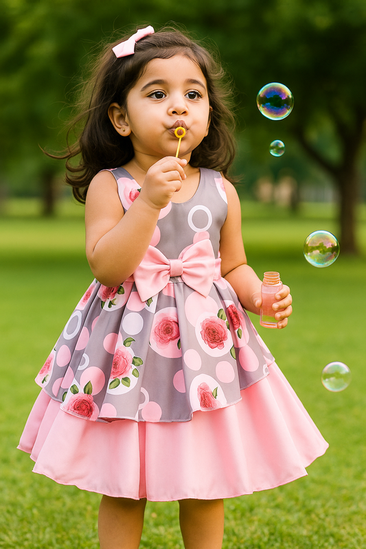 Girls Floral Bow Layered Casual Dress