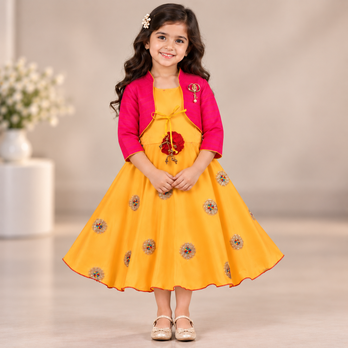 Baby Girls Silk Dress with Jacket – Yellow