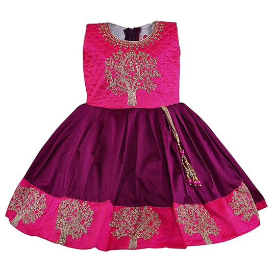 Girls Knee Length Satin Embroidered Party Dress