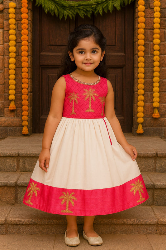 Baby Girls Silk Embroidered Ethnic Frock Dress - Onam Special