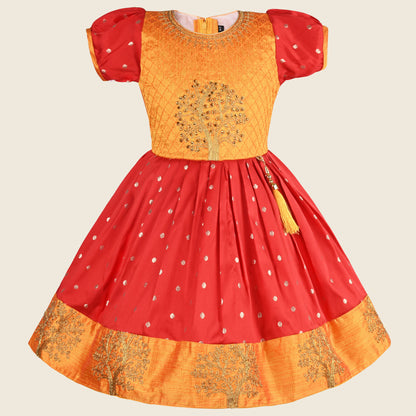 Girls Silk Embroidered Motif Ethnic Dress
