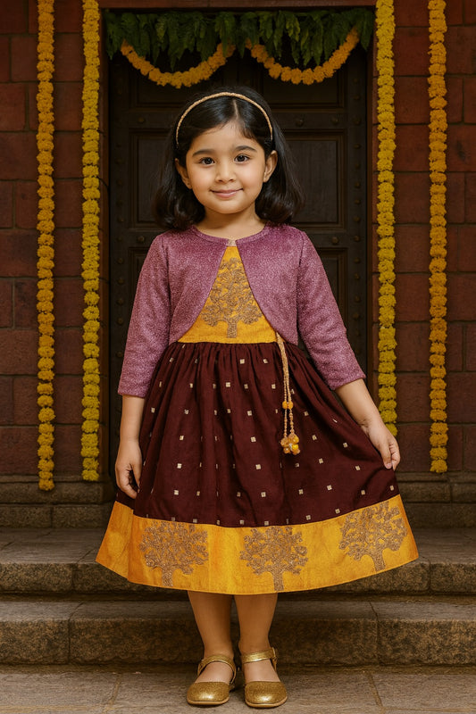 Baby Girls Silk Embroidered Ethnic Frock Dress With Jacket