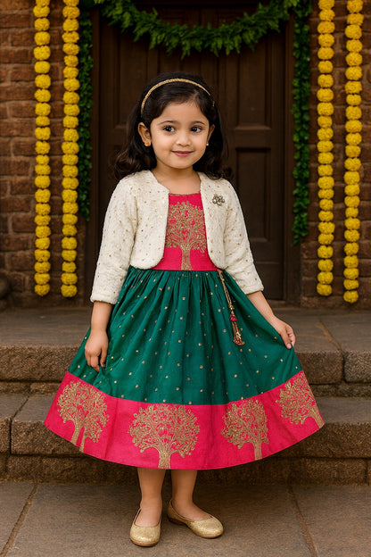 Baby Girls Silk Embroidered Ethnic Frock Dress With Jacket