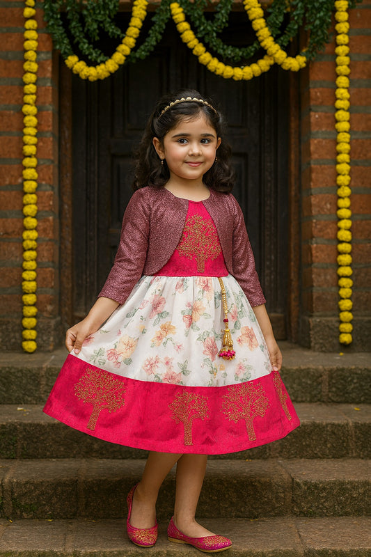Baby Girls Silk Embroidered Ethnic Frock Dress With Jacket