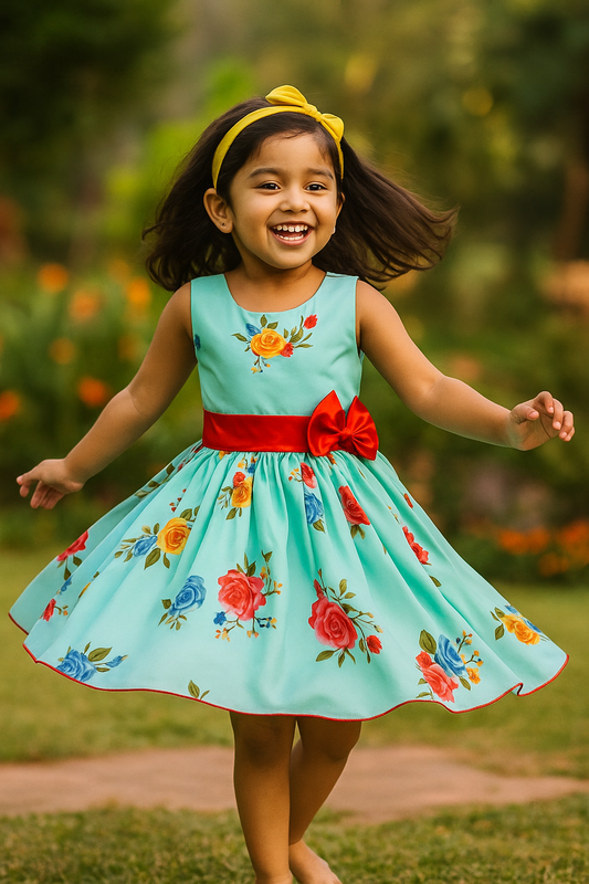 Blue Floral Printed Bow Dress
