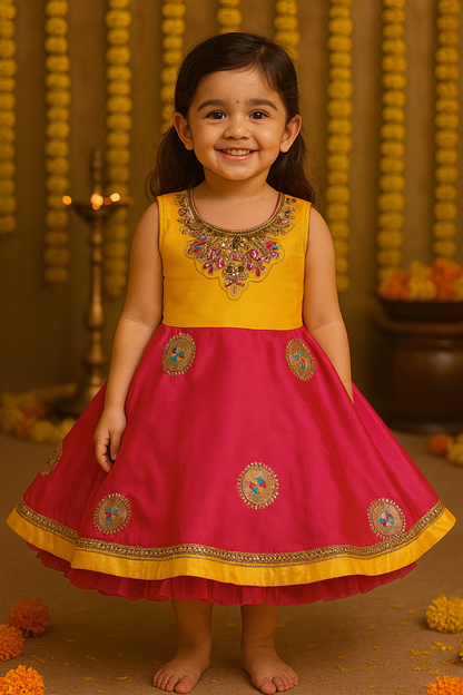 Pink and Yellow Embroidered A-Line Dress