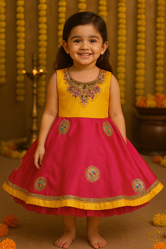 Pink and Yellow Embroidered A-Line Dress