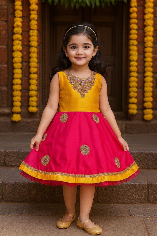 Pink and Yellow Embroidered A-Line Dress