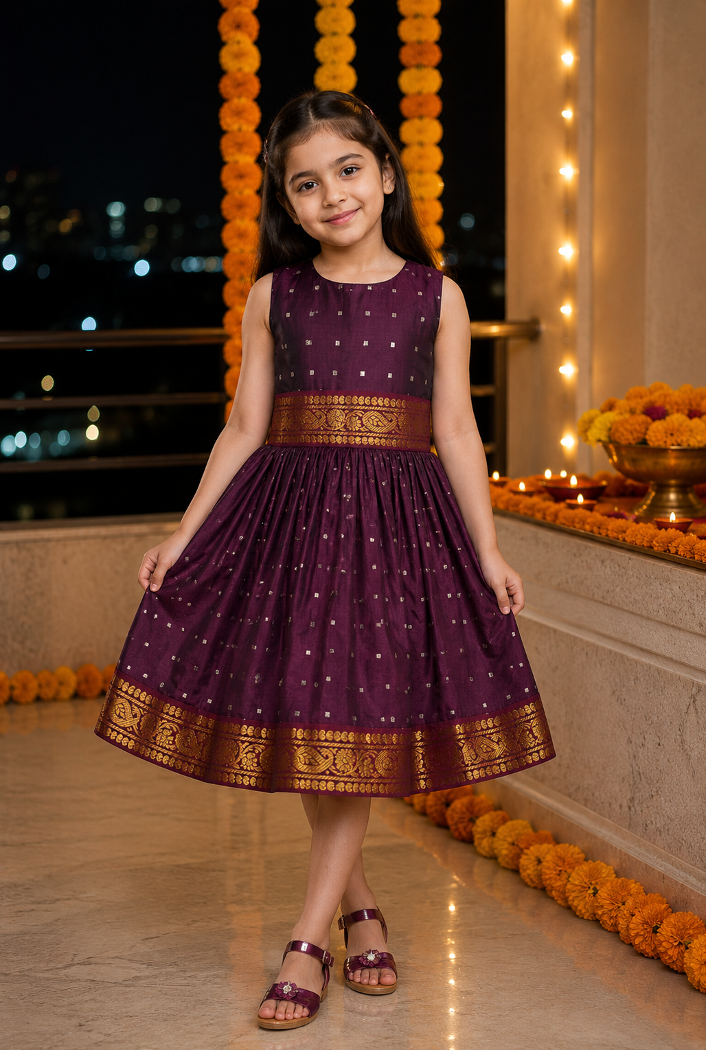 Girls Embellished Polka Dots Satin Ethnic Frock - 1