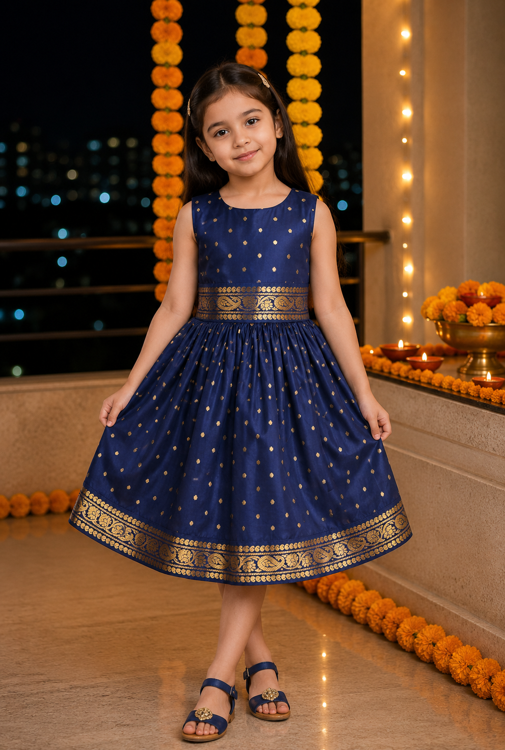 Girls Embellished Polka Dots Satin Ethnic Frock - 1