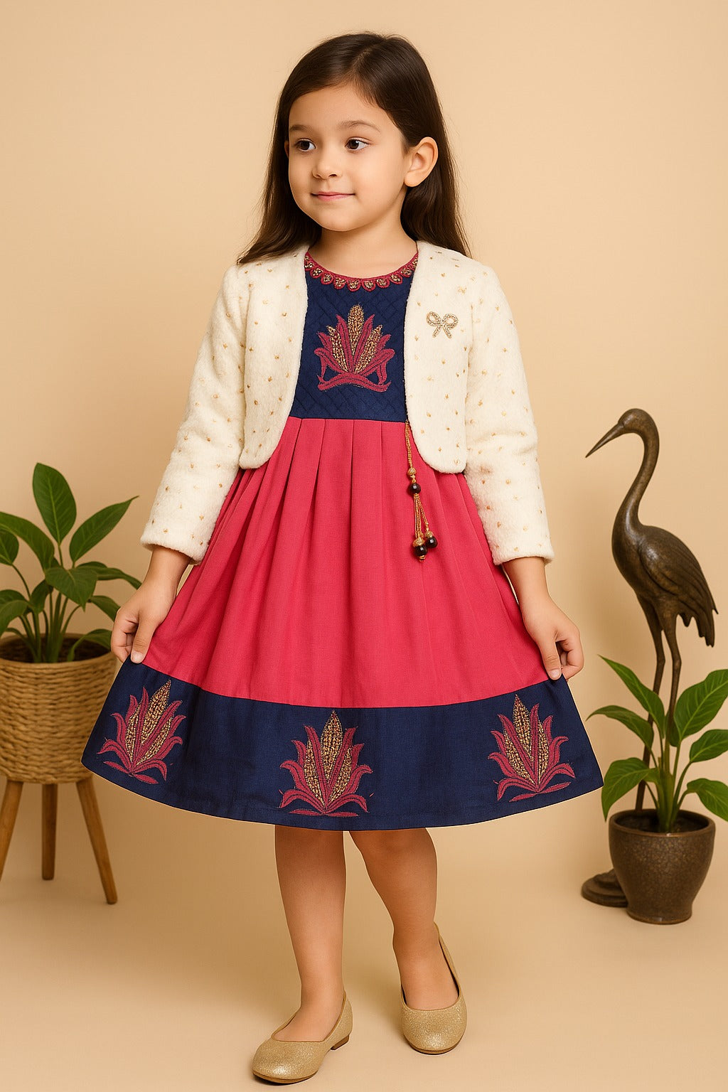Pink & Navy Silk Blend Party Frock with Cream Fur Jacket for Girls – Full Sleeves, Winter Ethnic Wear