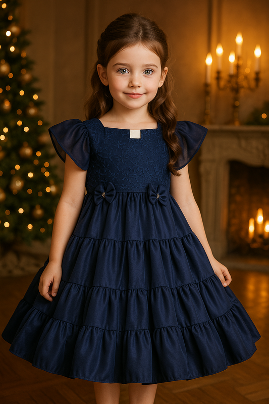 Girls Bow Floral Embroidered Tiered Party Dress