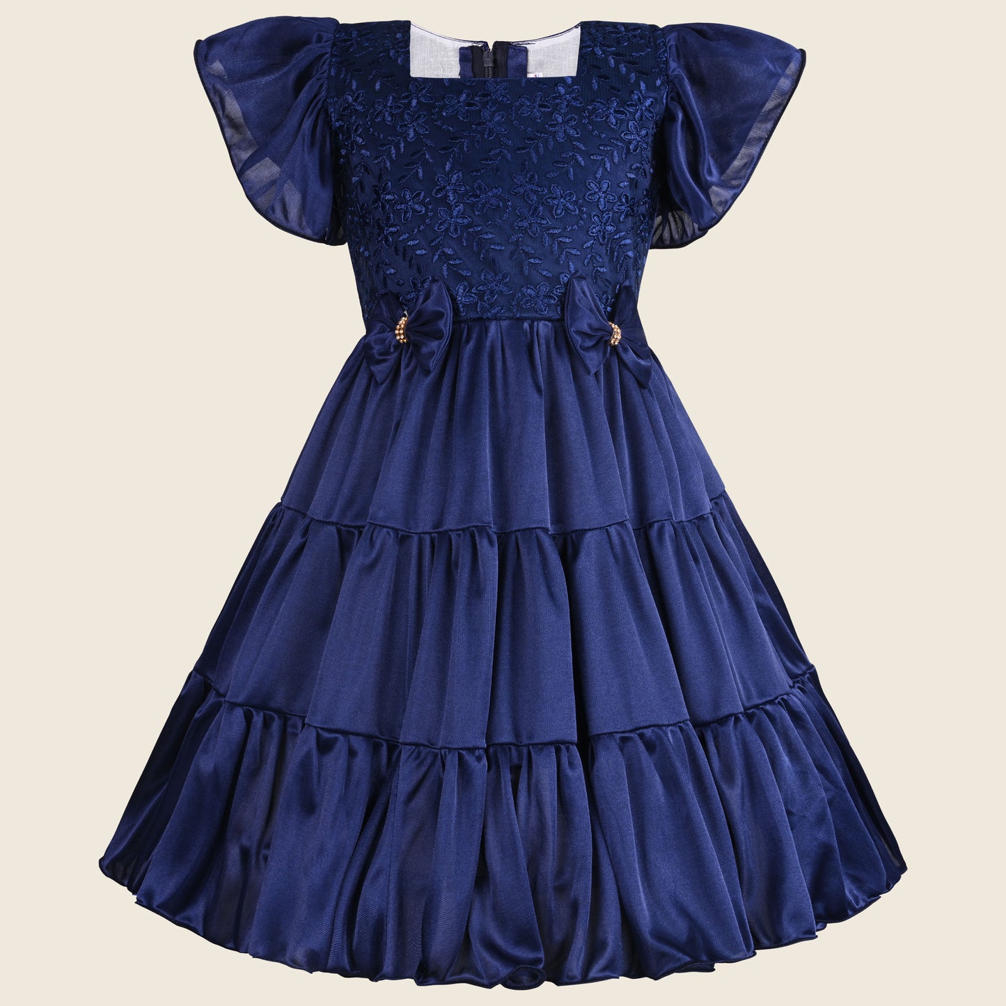 Girls Bow Floral Embroidered Tiered Party Dress