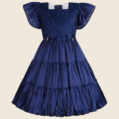 Girls Bow Floral Embroidered Tiered Party Dress
