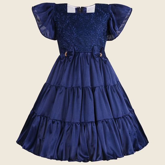 Girls Bow Floral Embroidered Tiered Party Dress