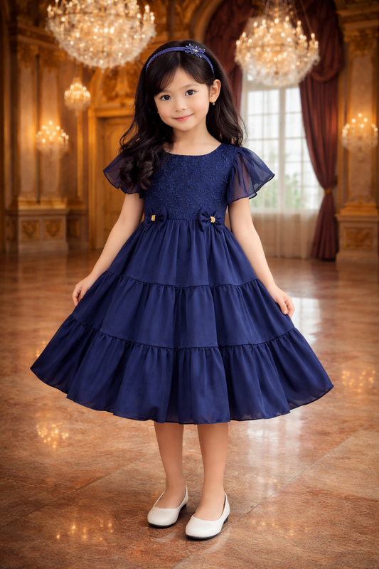 Girls Bow Floral Embroidered Tiered Party Dress