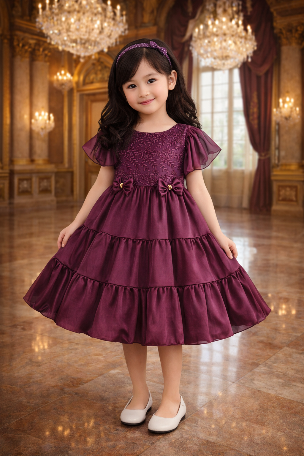 Girls Bow Floral Embroidered Tiered Party Dress