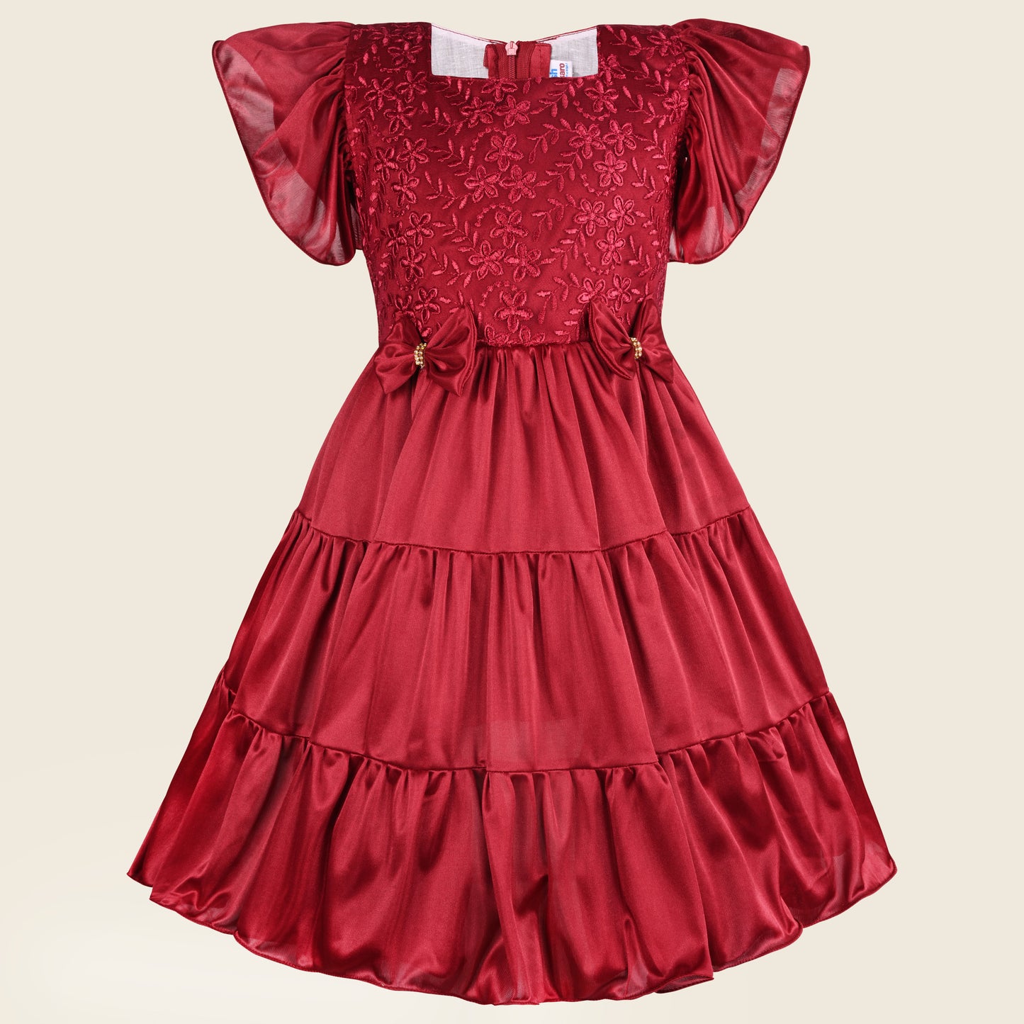 Girls Bow Floral Embroidered Tiered Party Dress