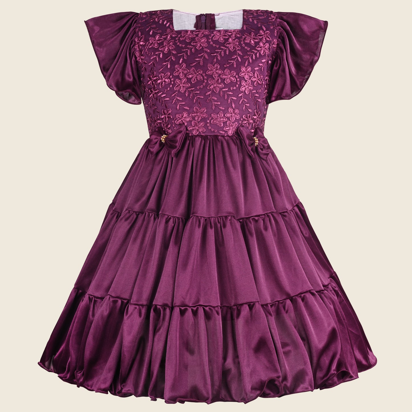 Girls Bow Floral Embroidered Tiered Party Dress