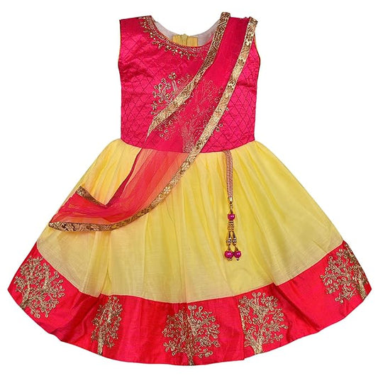 Girls Embellished Fit and Flare Ethnic Dress With Attached Dupatta