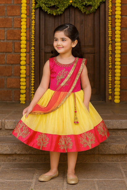 Girls Embellished Fit and Flare Ethnic Dress With Attached Dupatta
