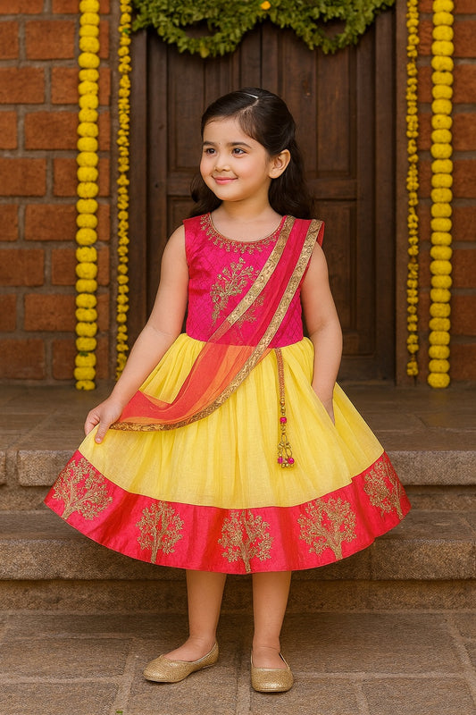 Girls Embellished Fit and Flare Ethnic Dress With Attached Dupatta