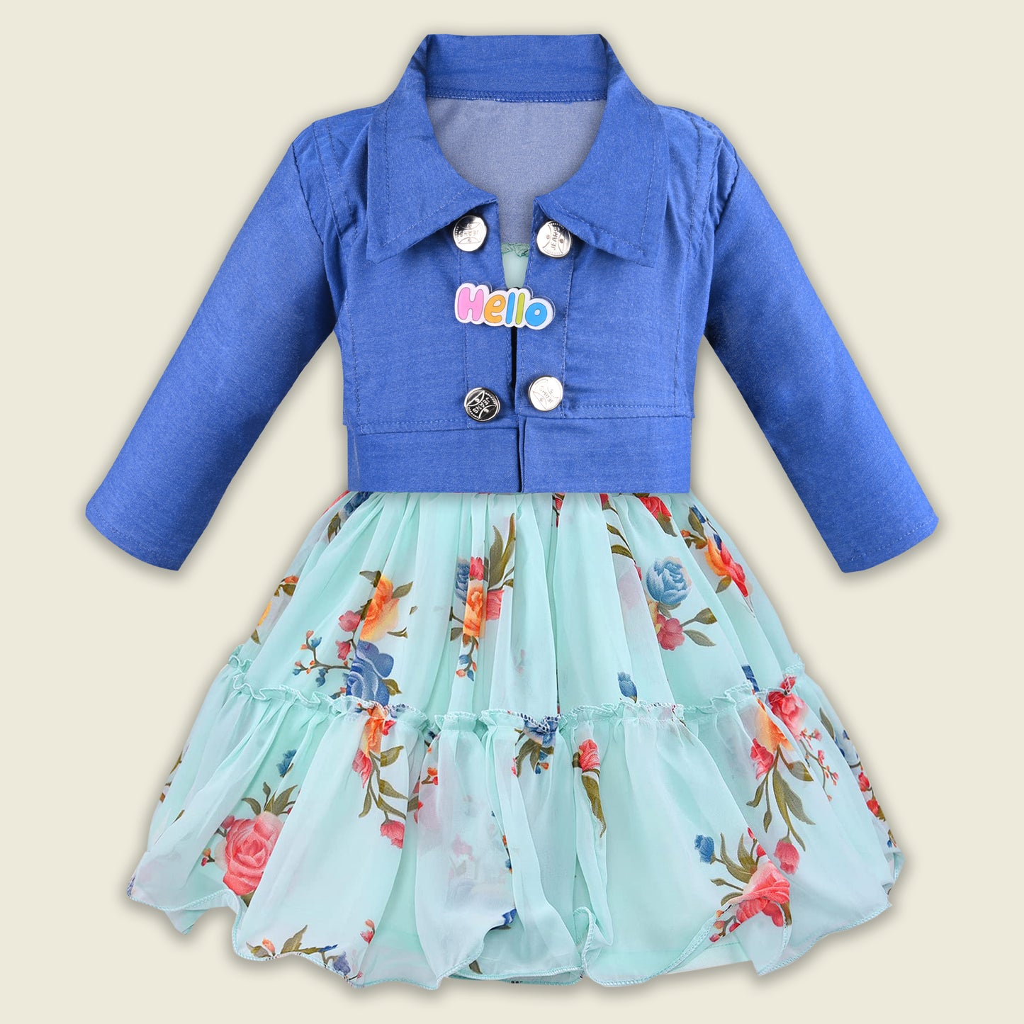 Girls Georgette Floral Dress with Denim Jacket – Full Sleeve Party Wear Frock