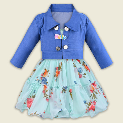 Girls Georgette Floral Dress with Denim Jacket – Full Sleeve Party Wear Frock