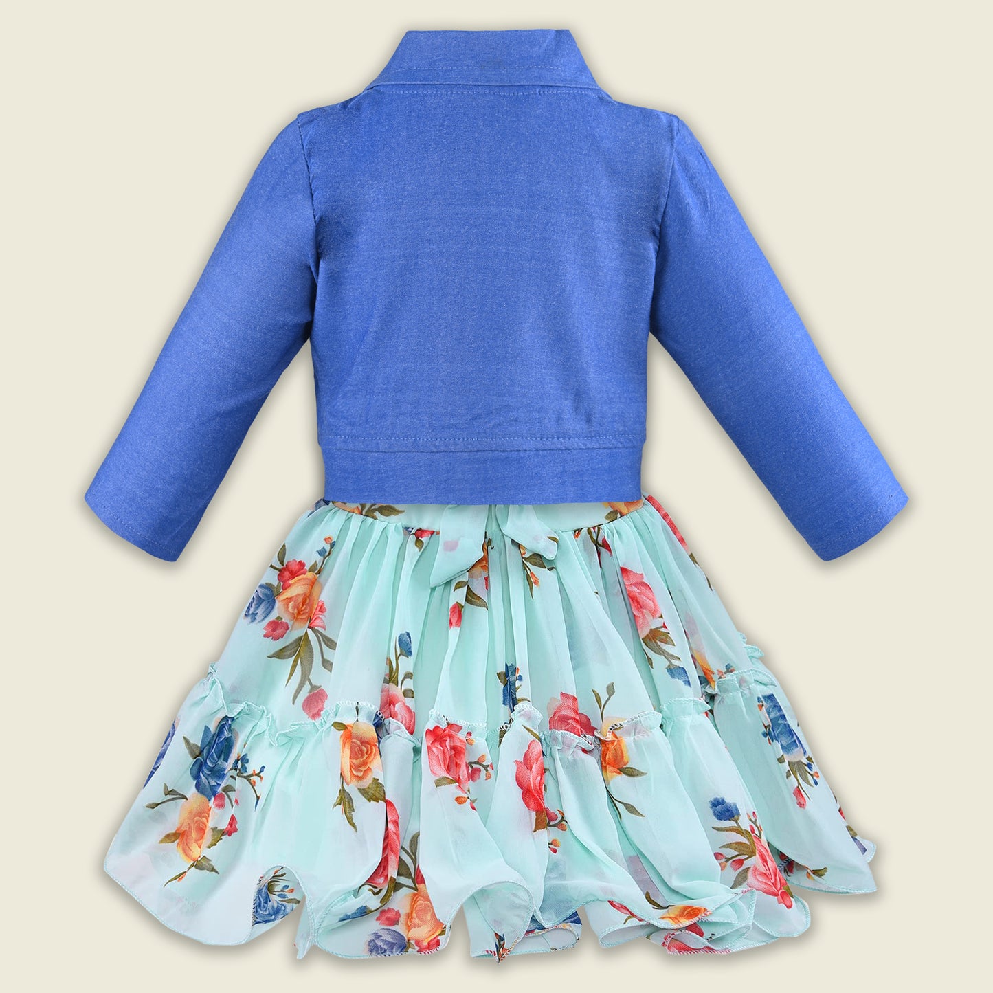 Girls Georgette Floral Dress with Denim Jacket – Full Sleeve Party Wear Frock