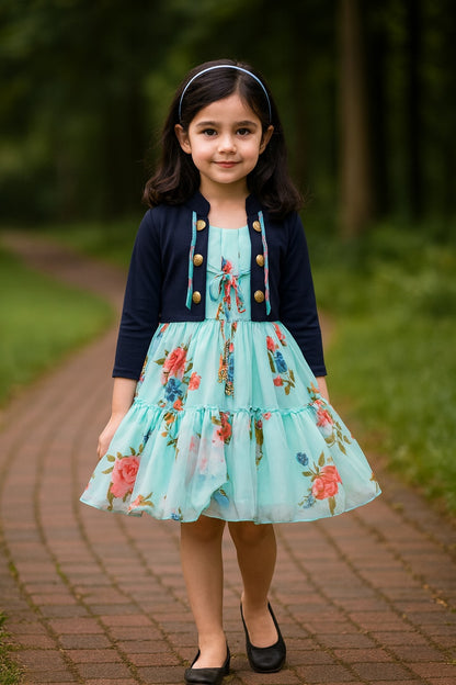 Girls Floral Print Strap Neck Dress
