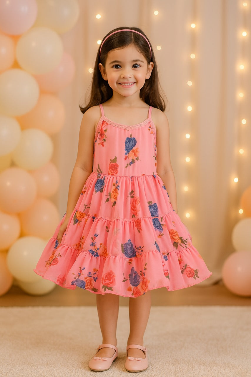 Girls Floral Printed Strappy Dress
