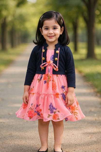 Girls Floral Print Strap Neck Dress