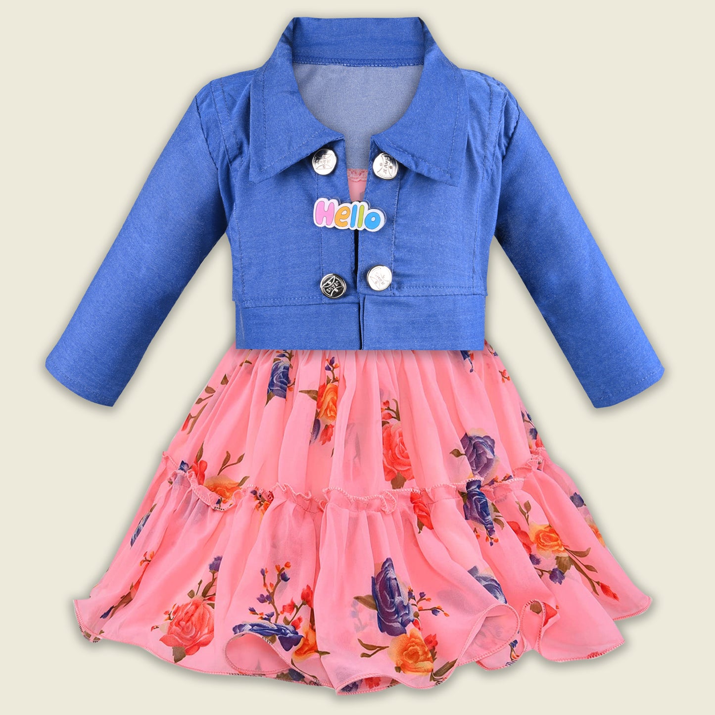 Girls Georgette Floral Dress with Denim Jacket – Full Sleeve Party Wear Frock