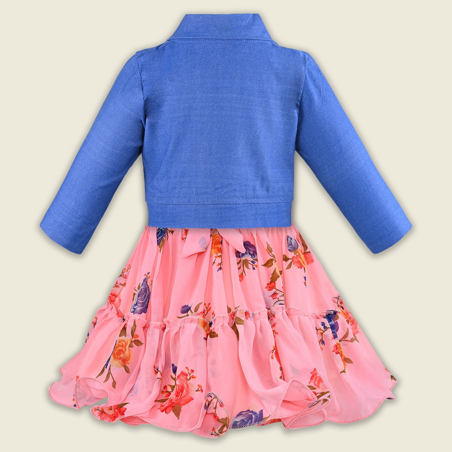 Girls Georgette Floral Dress with Denim Jacket – Full Sleeve Party Wear Frock