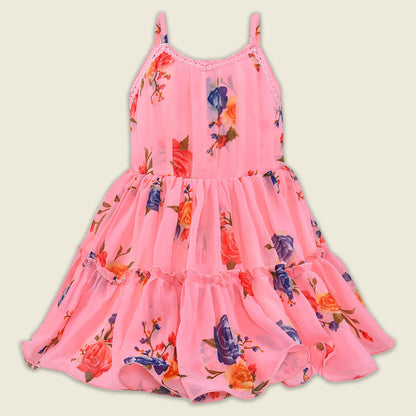 Girls Georgette Floral Dress with Denim Jacket – Full Sleeve Party Wear Frock