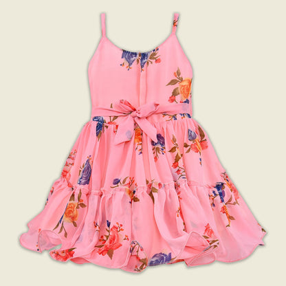 Girls Georgette Floral Dress with Denim Jacket – Full Sleeve Party Wear Frock