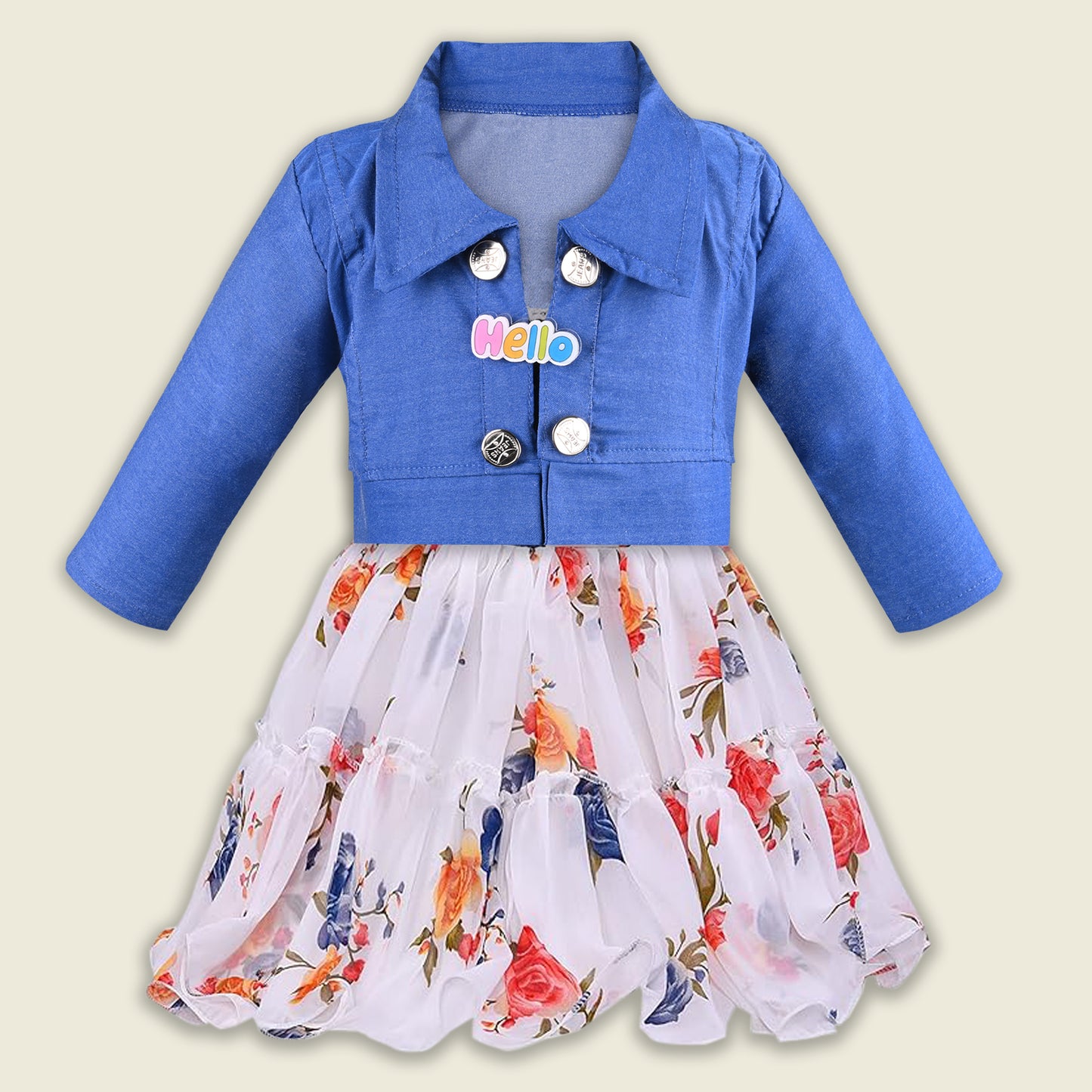 Girls Georgette Floral Dress with Denim Jacket – Full Sleeve Party Wear Frock