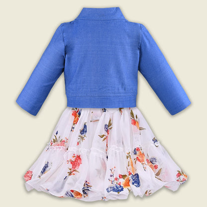 Girls Georgette Floral Dress with Denim Jacket – Full Sleeve Party Wear Frock